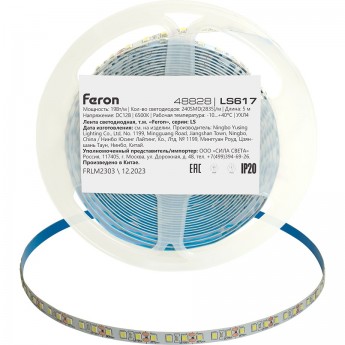 Лента светодиодная FERON LS617 240SMD(2835) 19Вт/м 12V 5000*10*1.22мм 6500К IP20